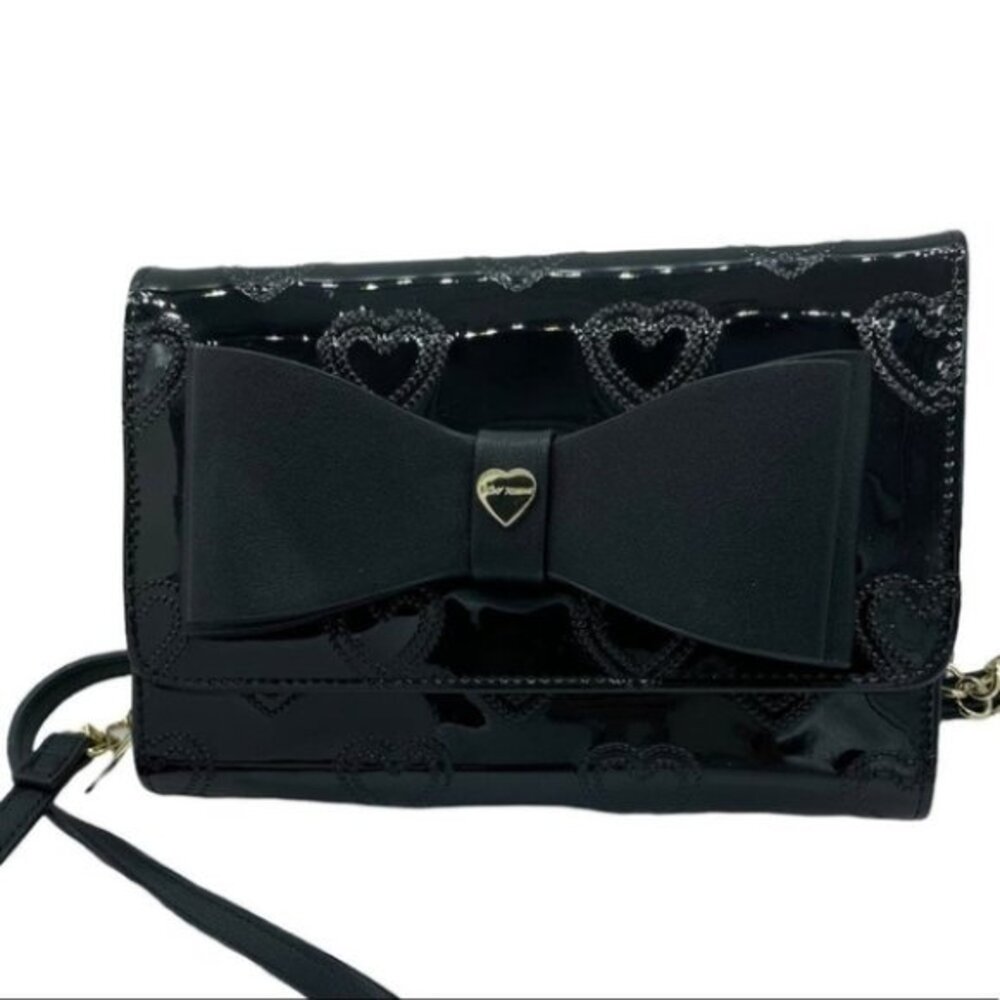 Betsey Johnson Black Patent Heart Embossed Bow Crossbody Wallet Bag
